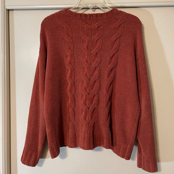 American Eagle Burnt Orange Chunky Chenille Cable Knit Cozy Crew Sweater Size M - Picture 3 of 10